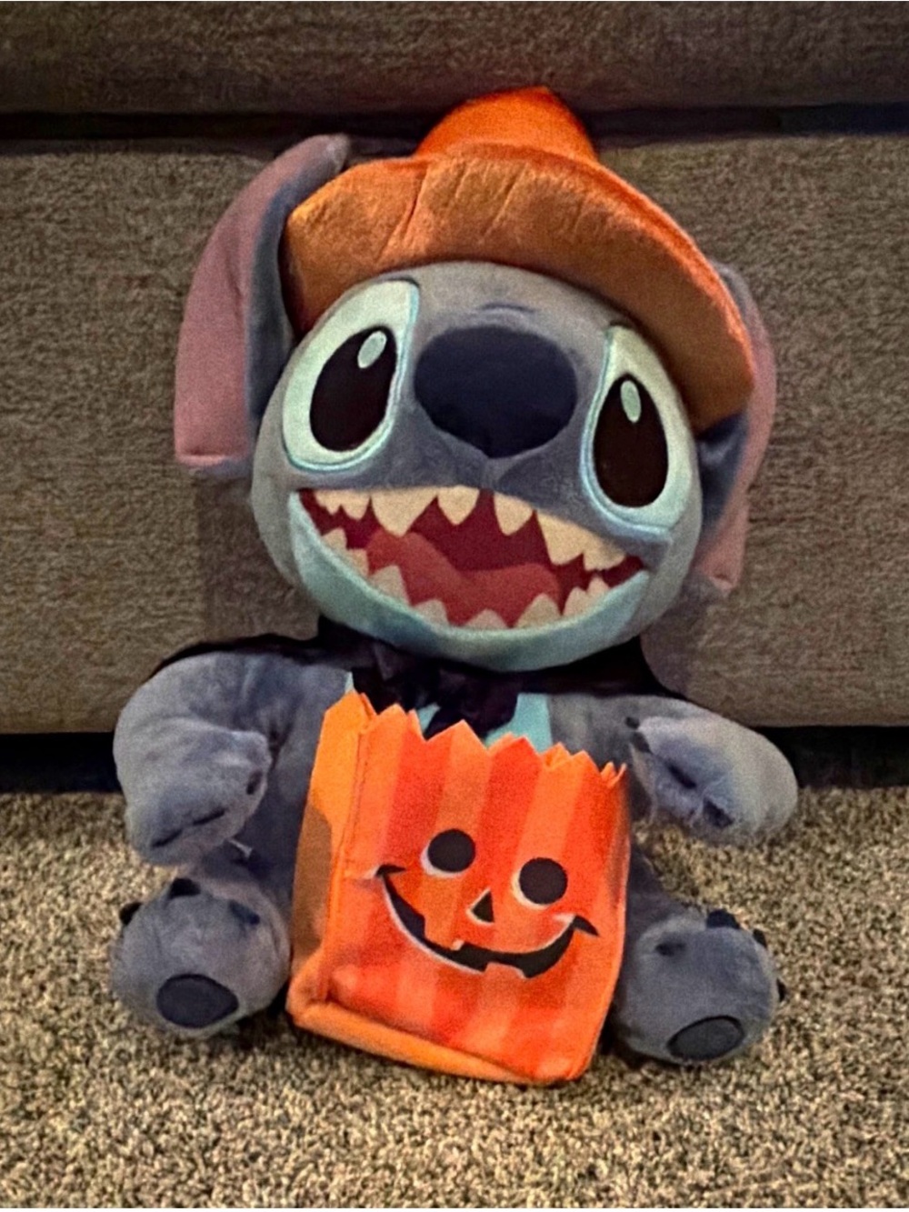 Disney Stitch Halloween Plush in Blue with Orange Hat & Pumpkin Bag- MNSSHP